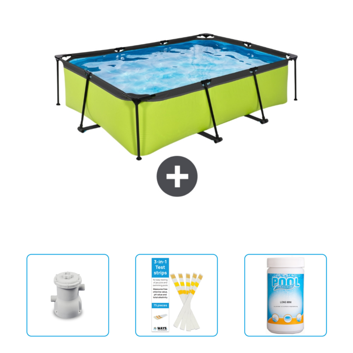 Piscine rectangulaire verte avec eau, plus filtre, bandelettes et produits.
