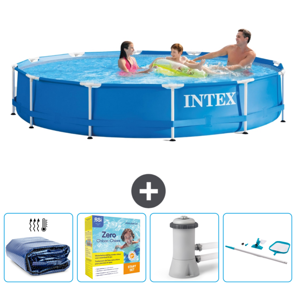 Blue Intex pool with people, plus accessories.