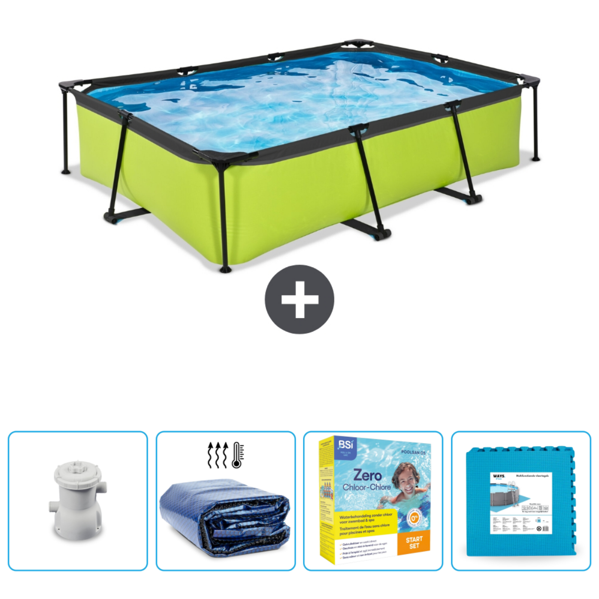 Piscine rectangulaire verte avec accessoires.
