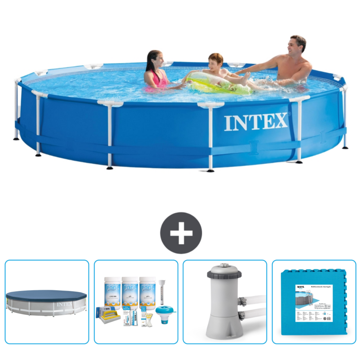 Leute schwimmen in einem blauen Intex-Pool. Zubehör: Abdeckung, Filter, Chemikalien, Schaumstofffliesen.