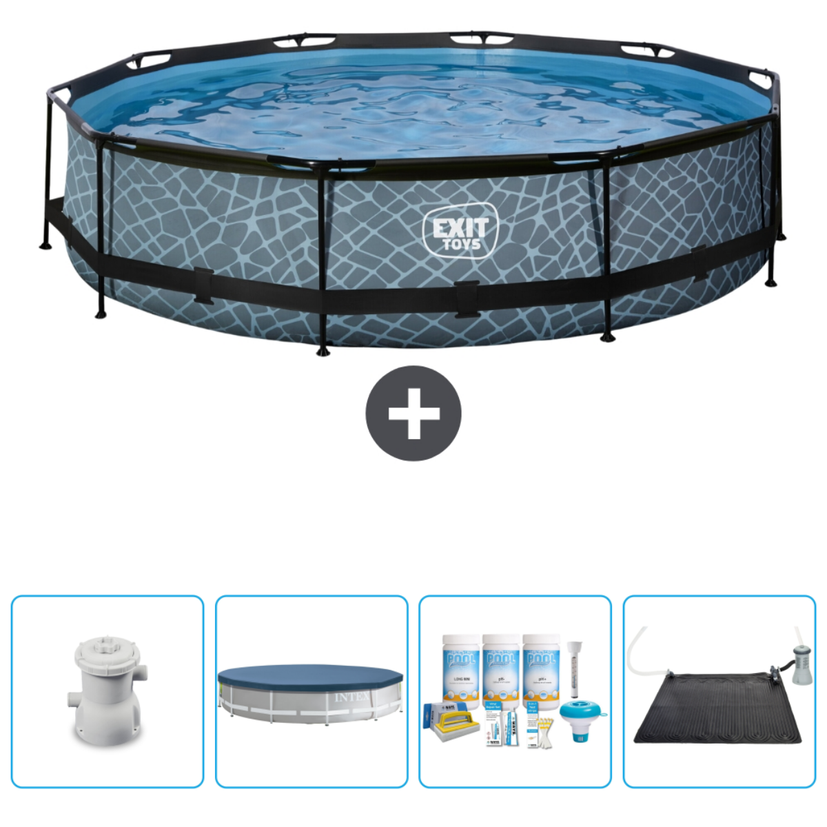 Piscine grise à motifs avec eau. Accessoires: pompe, couverture, produits, tapis solaire.