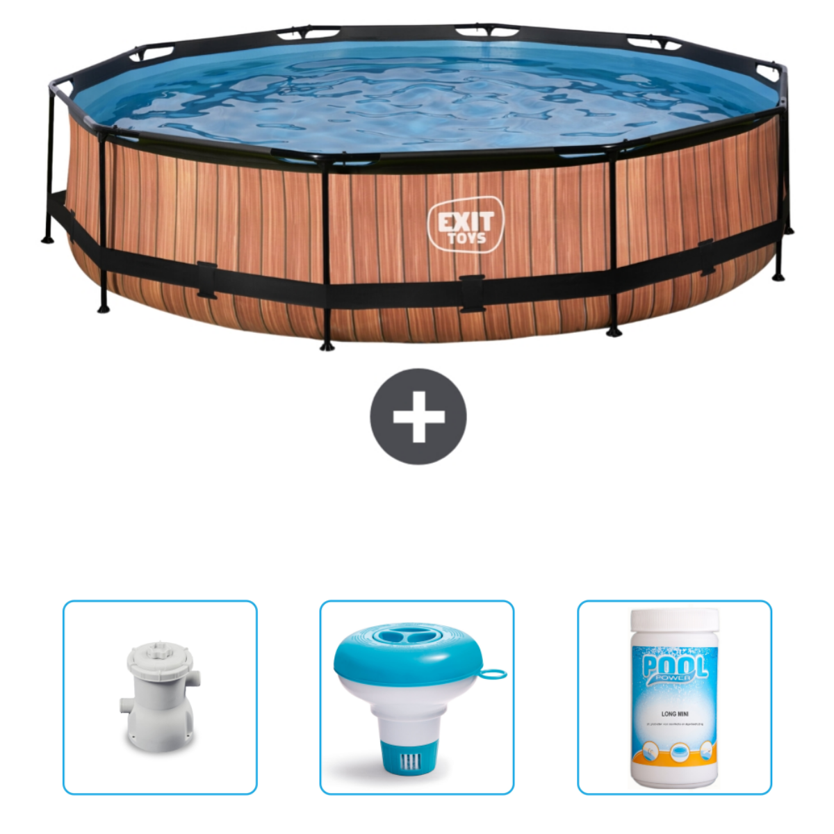 Une piscine ovale aspect bois avec des accessoires comme un filtre, un distributeur flottant et des produits chimiques.
