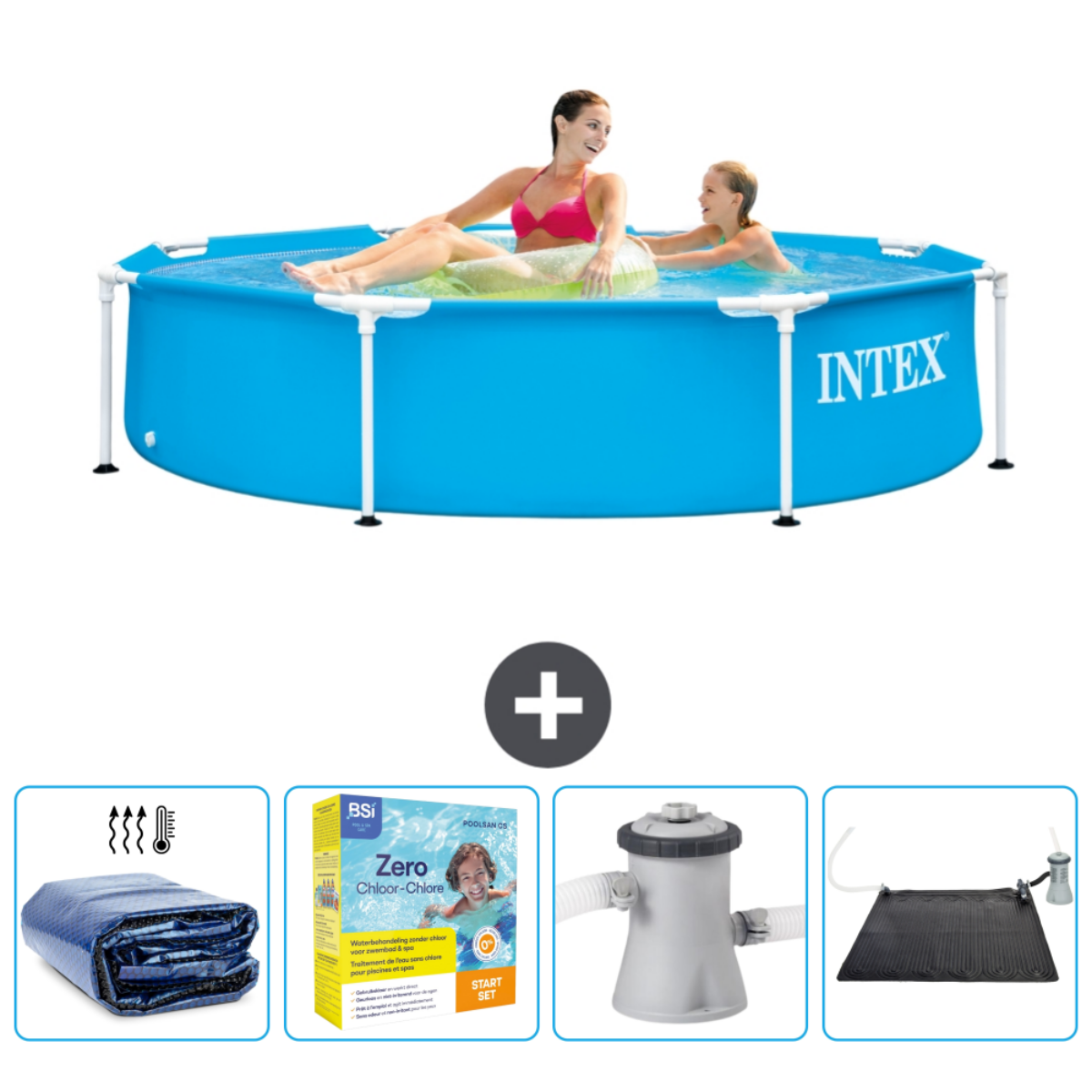 Women in blue Intex pool. Includes cover, chlorine, filter, and solar heating.