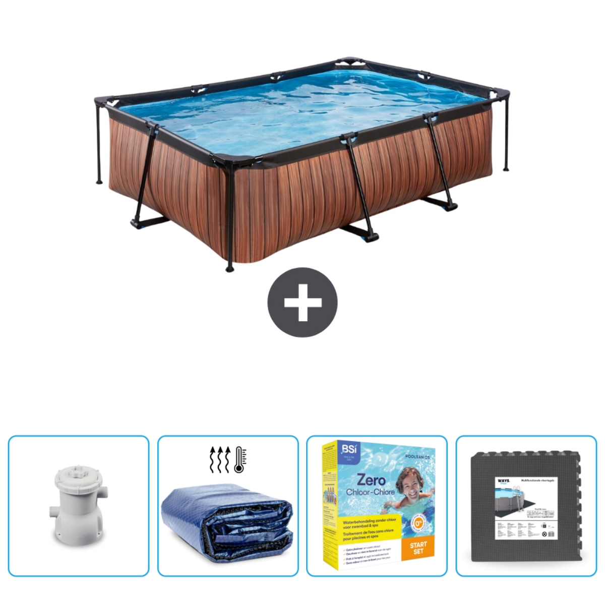 Hout-look rechthoekig zwembad, water erin, met accessoires eronder.