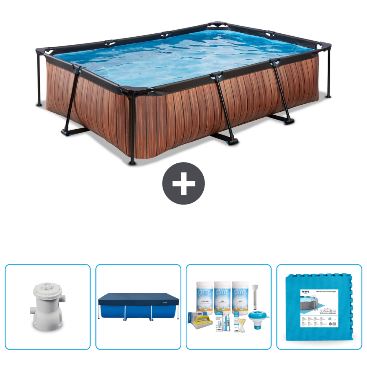 Une piscine aspect bois avec accessoires: filtre, bâche, produits chimiques et dalles mousse.