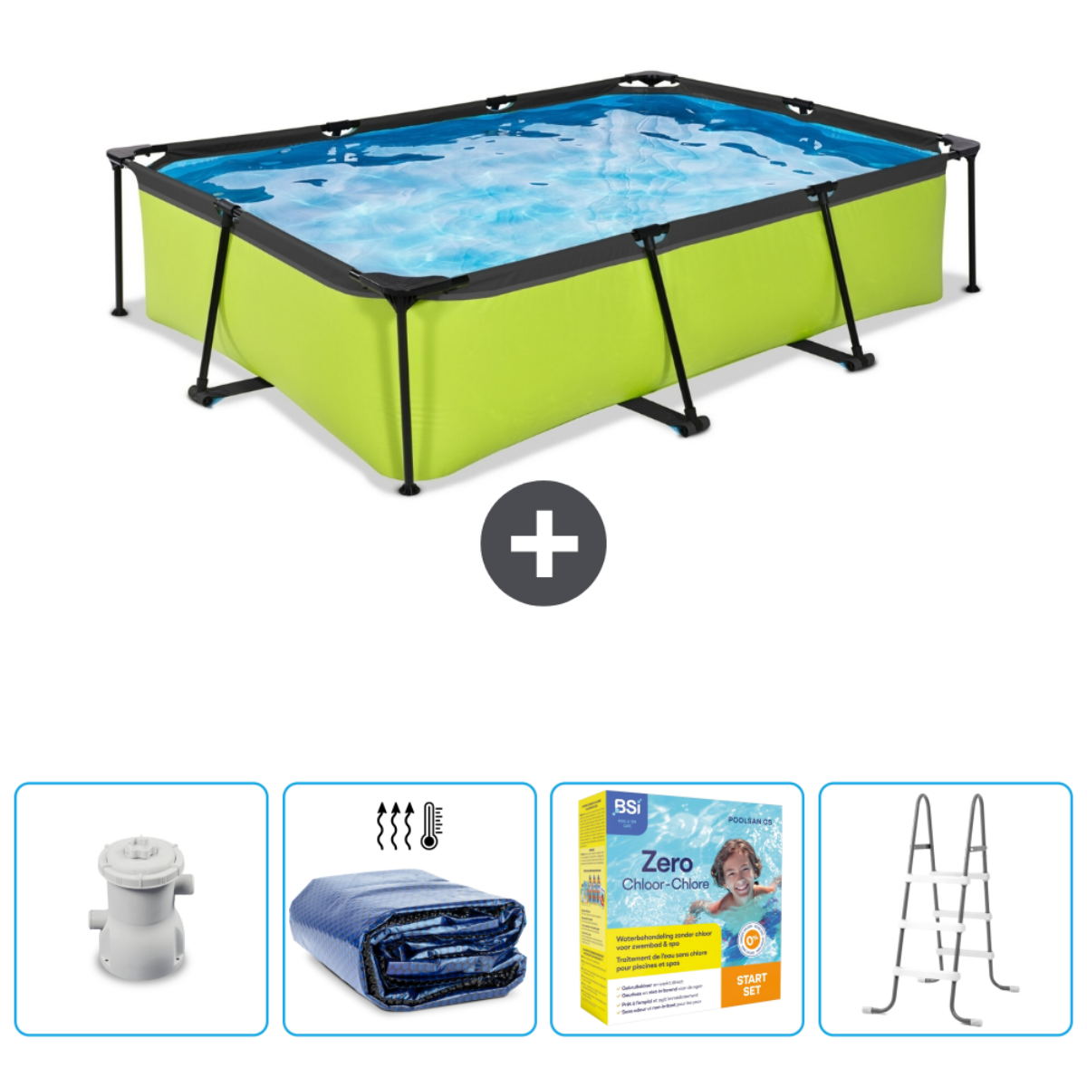 Piscine rectangulaire verte avec des accessoires comme une couverture, une pompe, un filtre, une échelle et des produits chimiques.