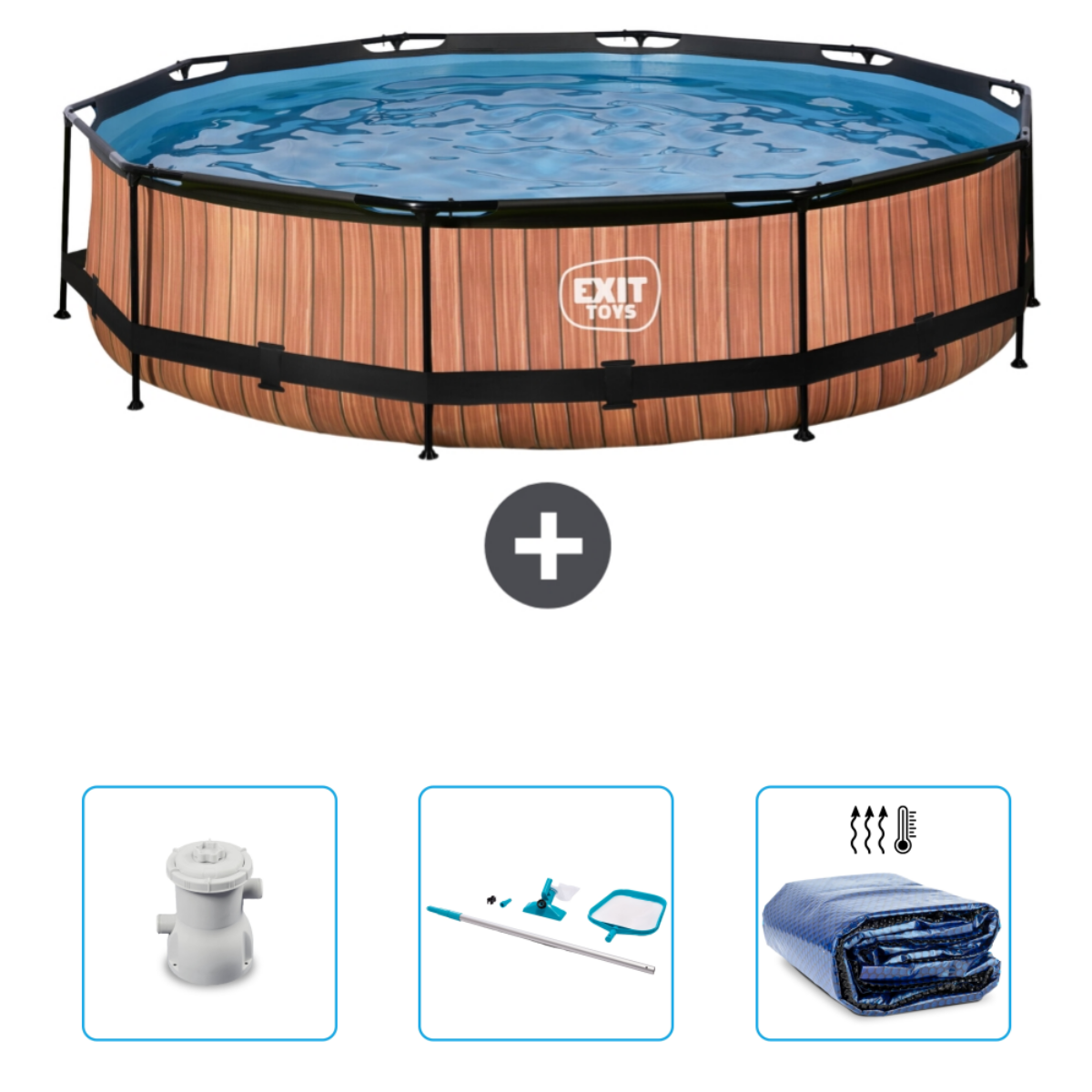 Piscine octogonale de style bois avec accessoires. Comprend un filtre, une couverture et des outils de nettoyage.