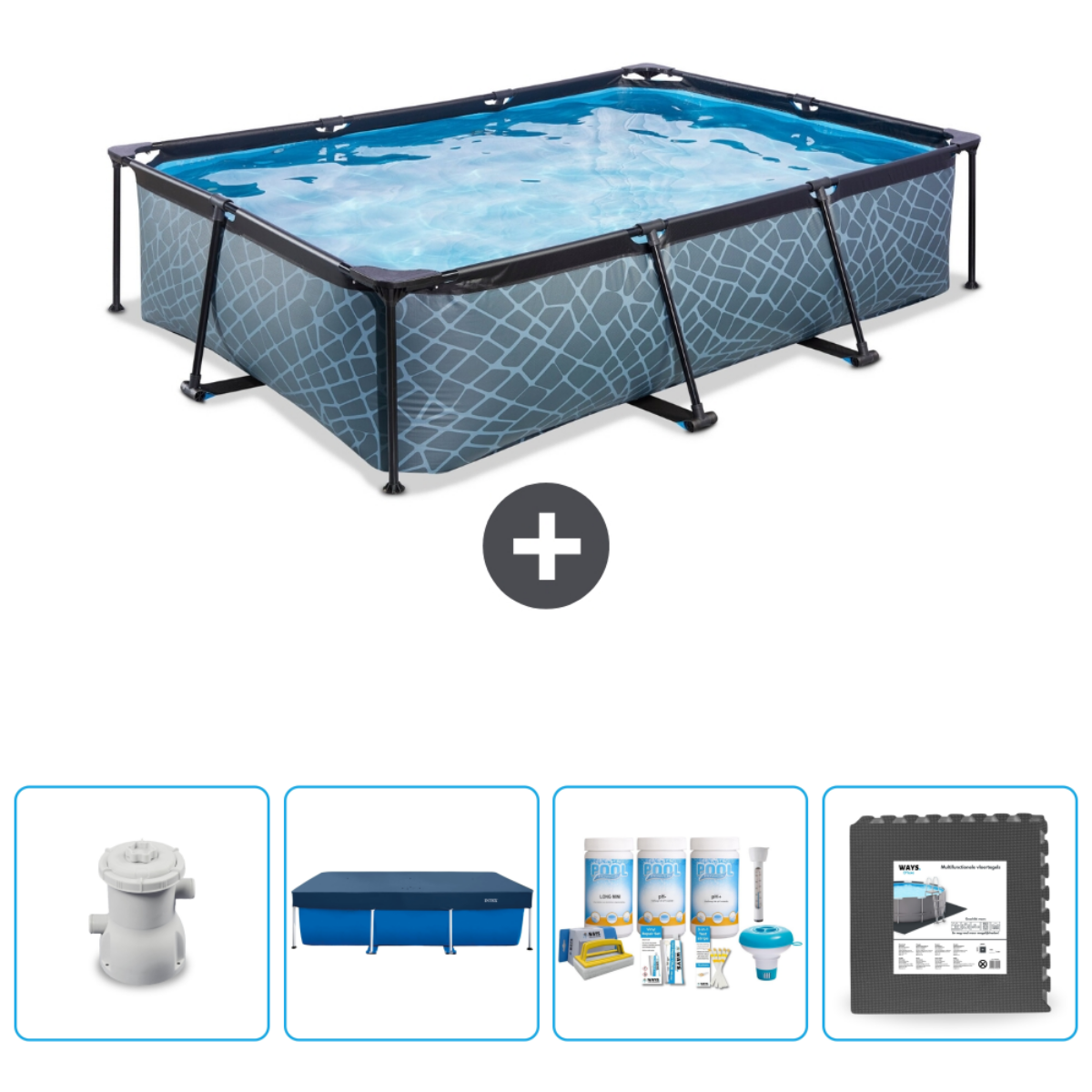 Piscine Intex rectangulaire grise avec accessoires. Inclut couverture, produits, filtre et tapis.