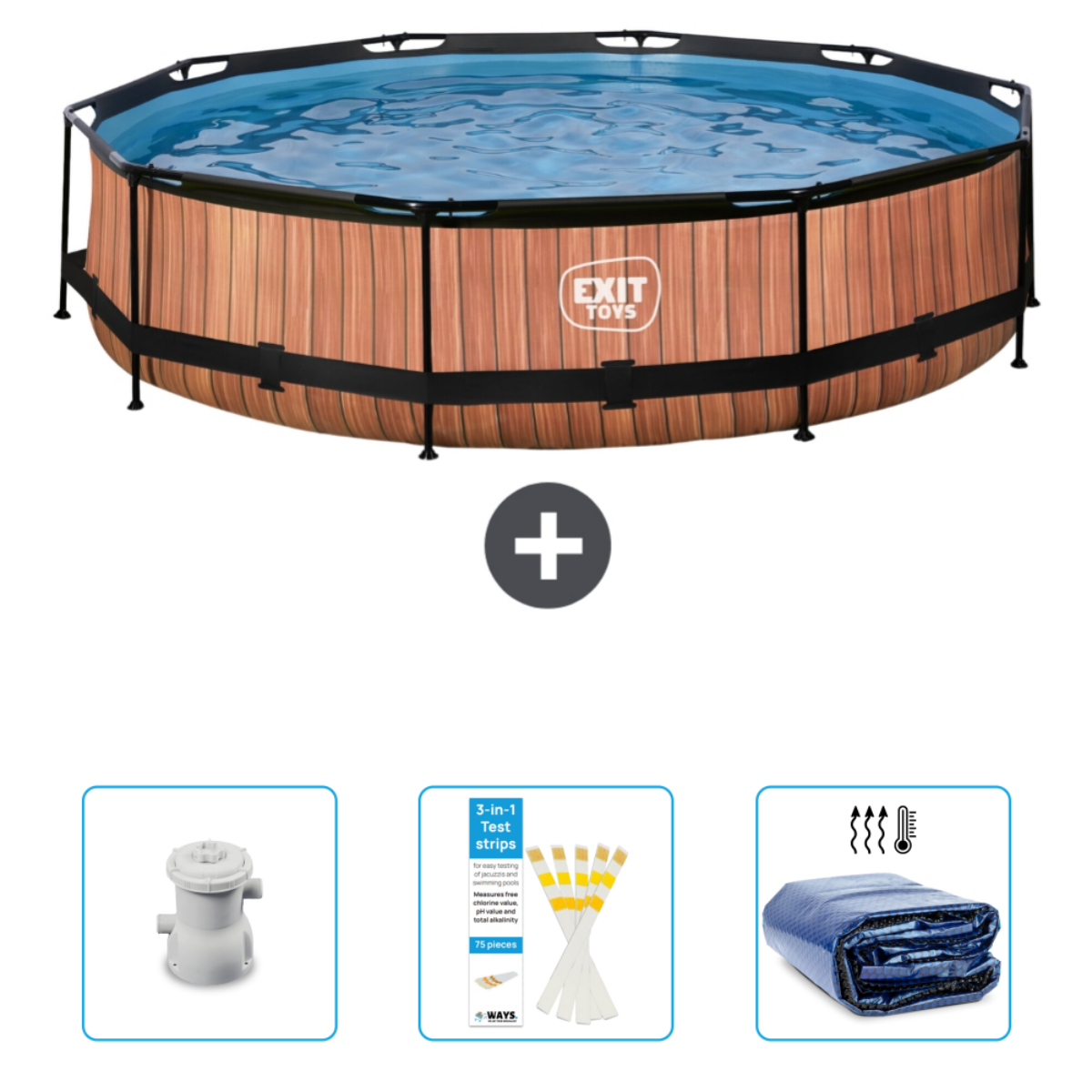 Rond zwembad met houten zijkanten, water, filter, strips en een afdekzeil.