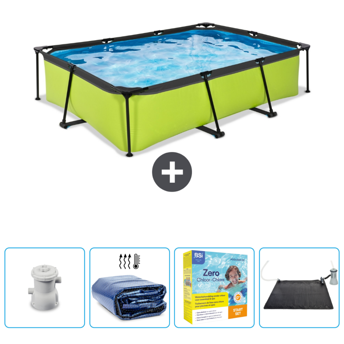 Piscine rectangulaire verte. Accessoires : pompe, couverture, produits chimiques et panneau solaire.