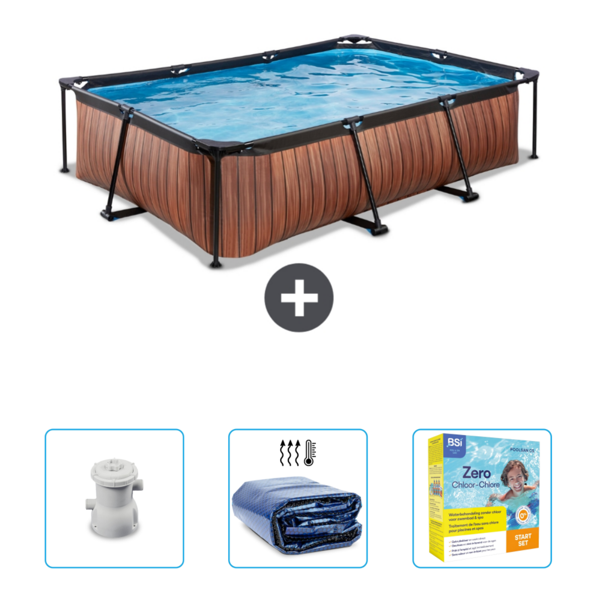 Rechteckiger Pool mit holzähnlichen Seiten und schwarzem Rahmen. Darunter Poolkomponenten und Abdeckung.