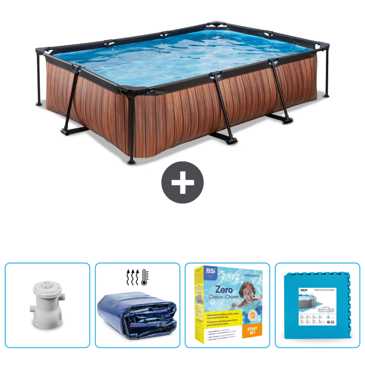 Hout-look rechthoekig zwembad met water. Accessoires: pomp, afdekzeil, schoonmaakproducten, vloermatten.