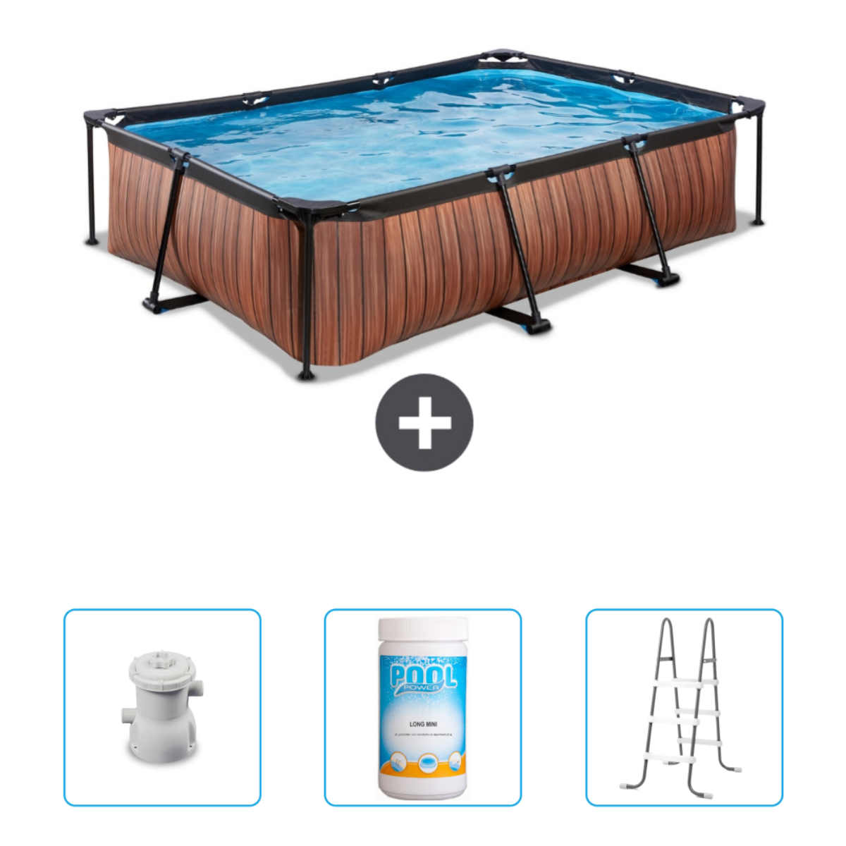 Een rechthoekig houten zwembad met accessoires, waaronder filter, chemicaliën en een ladder.