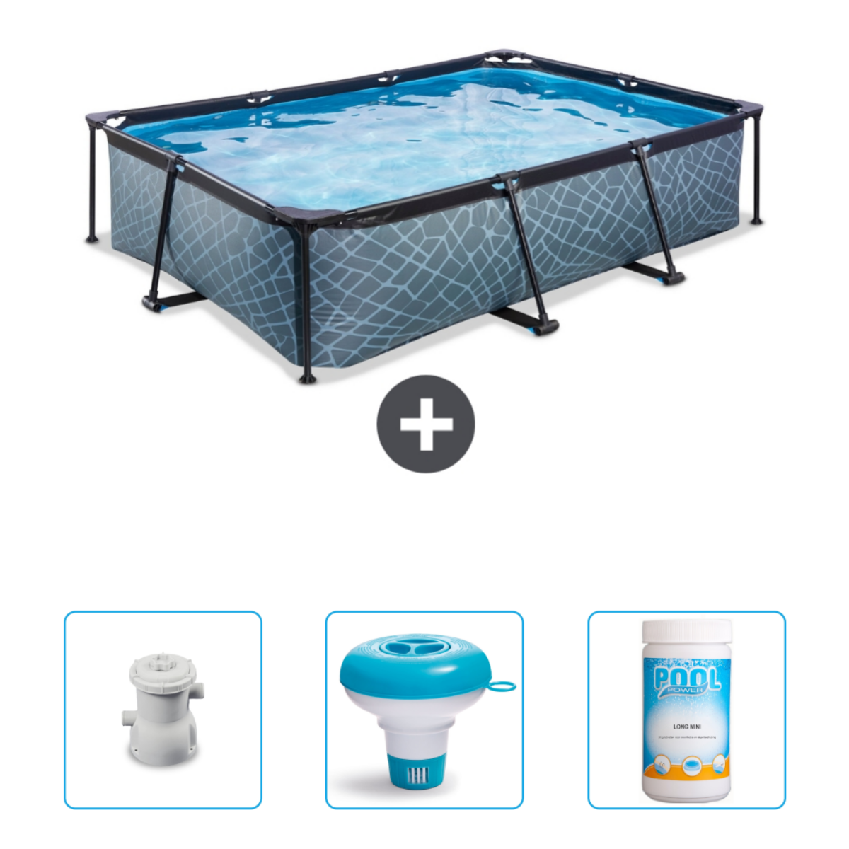 Piscine rectangulaire avec accessoires : filtre, distributeur et tablettes de chlore.