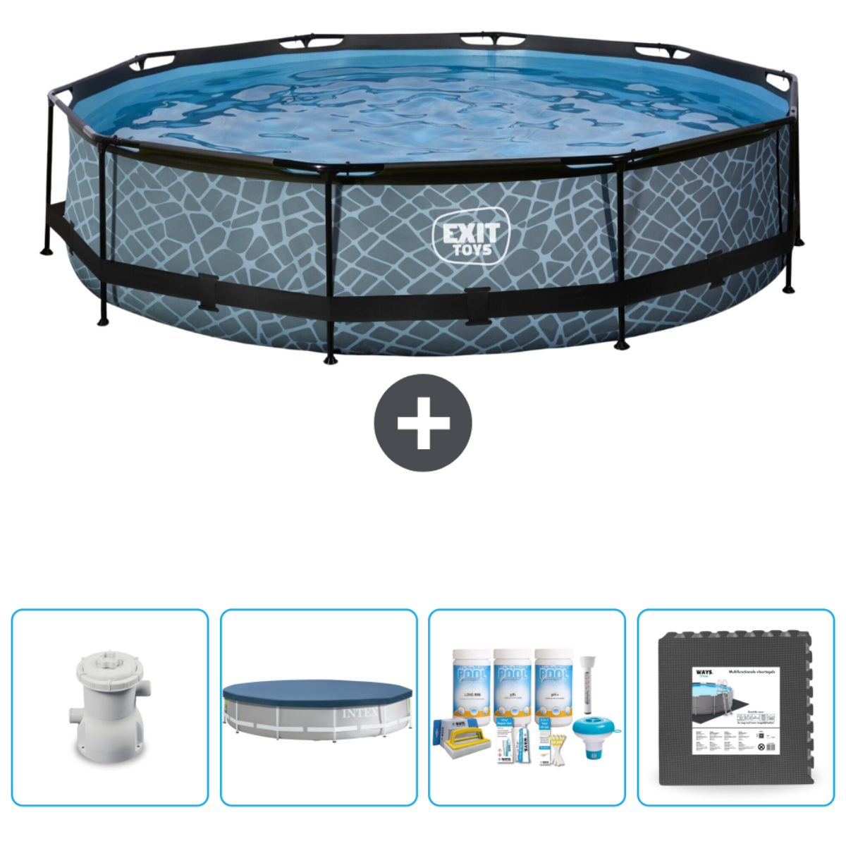 Piscine avec motif gris. Accessoires : pompe, couverture, produits chimiques et tapis. Pleine.