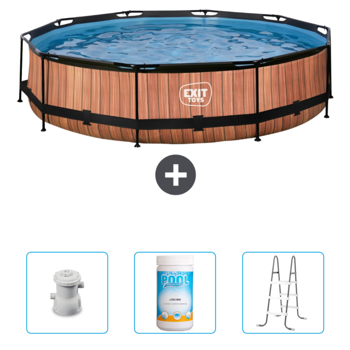Piscine aspect bois avec accessoires : pompe, produits chimiques et échelle. Plus au milieu.