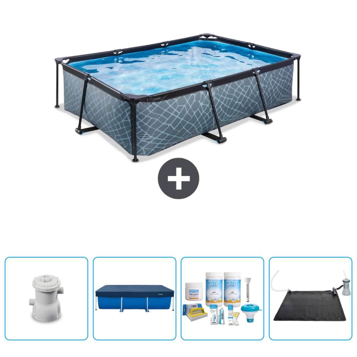 Rechthoekig zwembad met accessoires. Inclusief filter, afdekzeil, chemicaliën en zonnetegel.