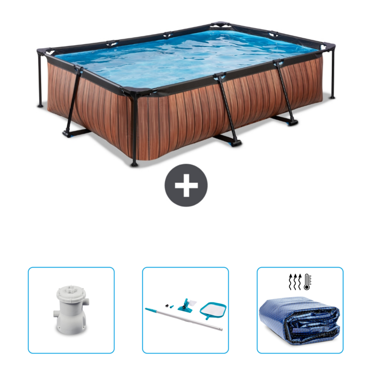 Rechthoekig zwembad met houten panelen, accessoires: filter, schoonmaakgereedschap en blauwe afdekking.