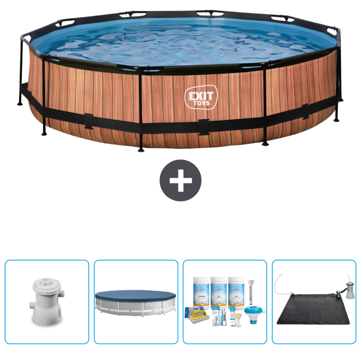 Piscine aspect bois avec accessoires : pompe, couverture, produits chimiques et chauffage solaire.