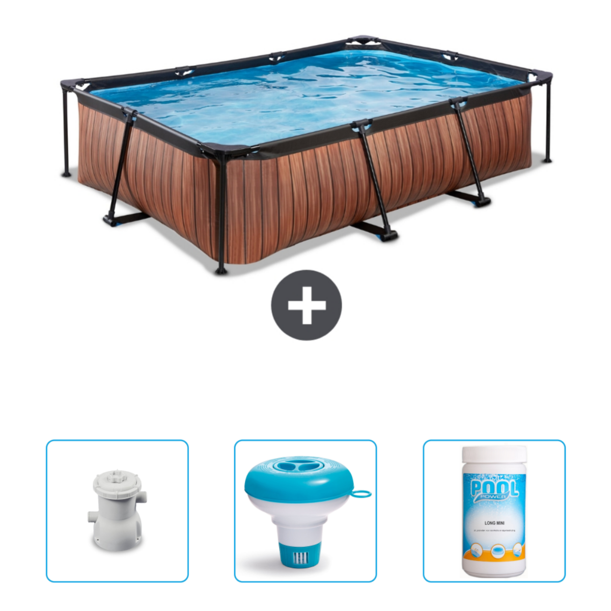 Piscine rectangulaire de style bois avec accessoires. Comprend un filtre, un distributeur flottant et des produits chimiques.
