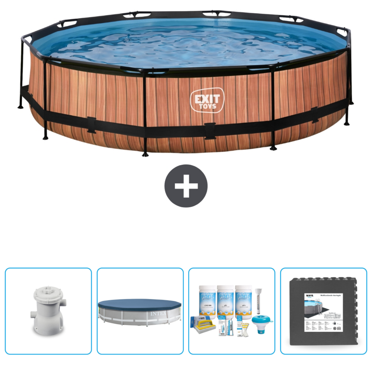 Piscine style bois avec accessoires.