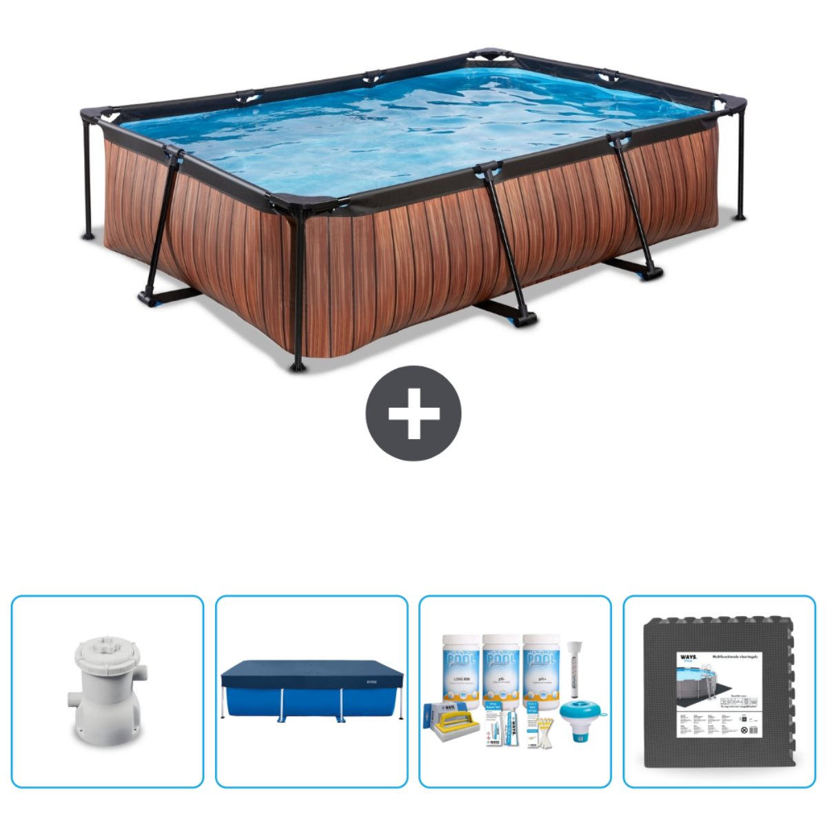 Piscine rectangulaire aspect bois. Comprend filtre, couverture, chlore et tapis.