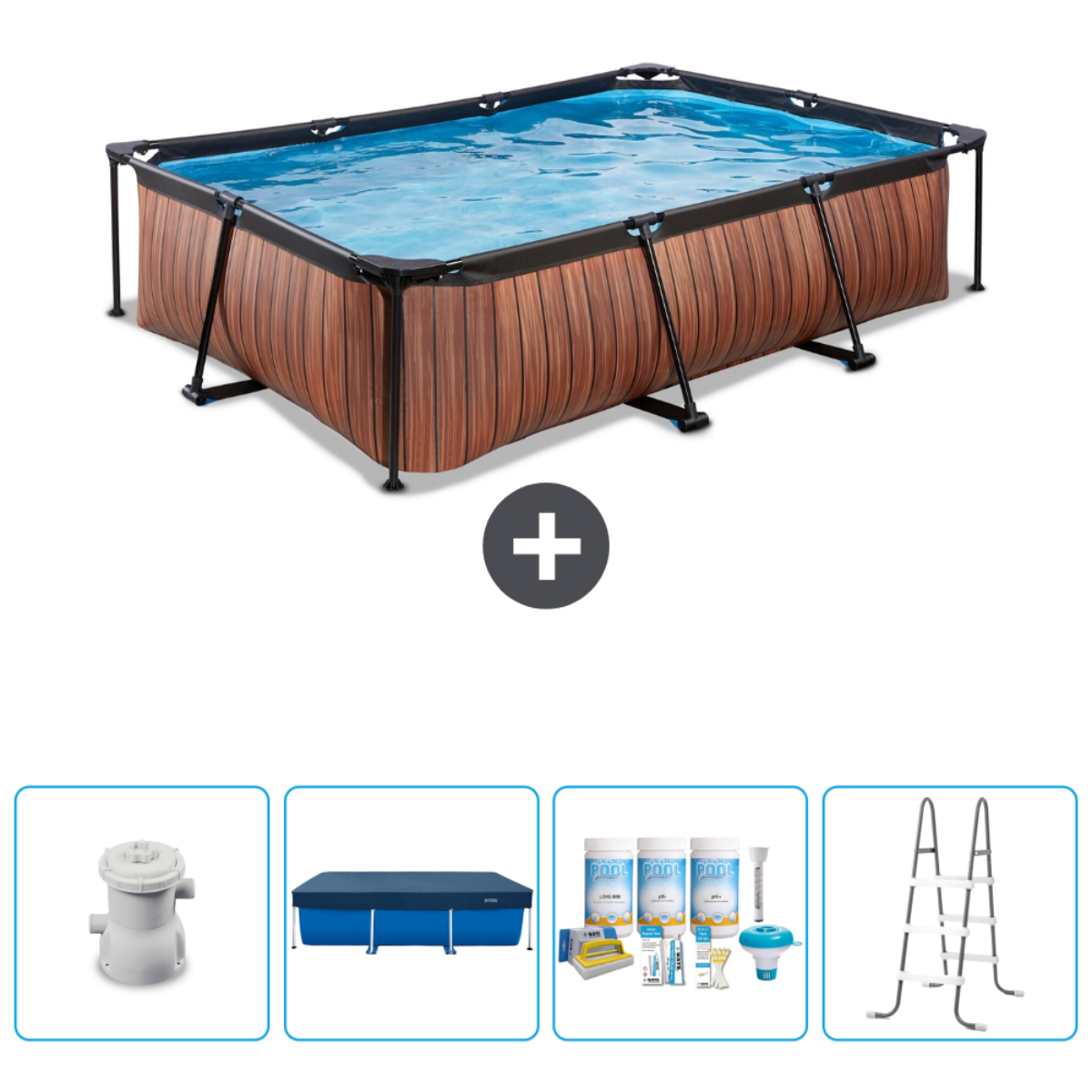 Een rechthoekig houten zwembad met accessoires, waaronder een filter, een zwembadafdekking en schoonmaakmiddelen.