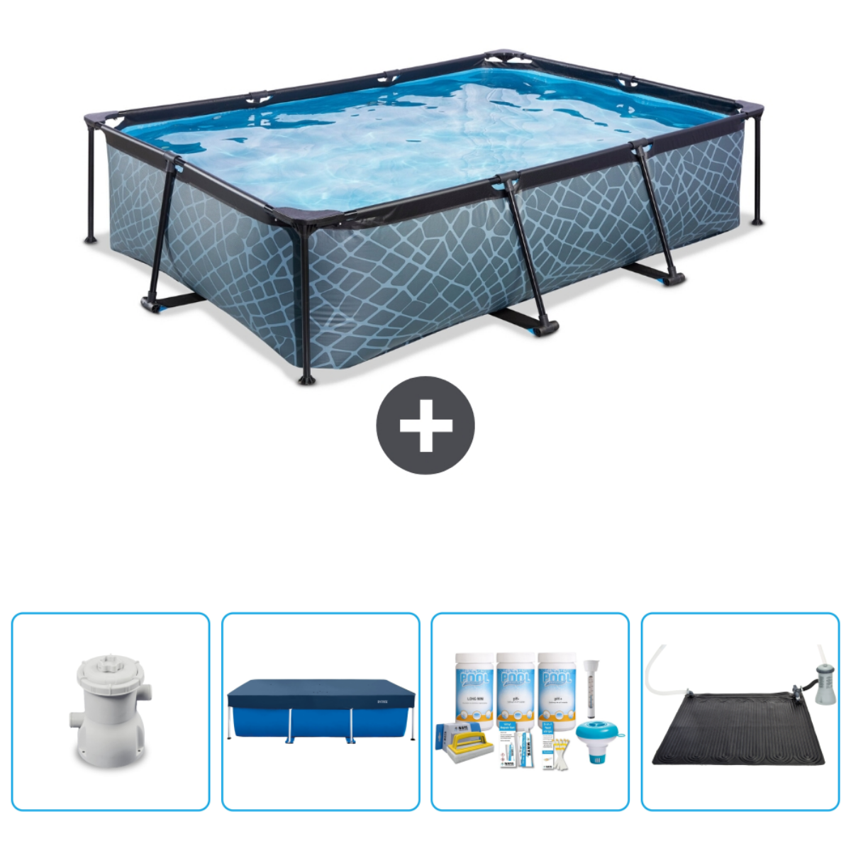Piscine rectangulaire avec eau, accessoires: pompe, couverture, produits chimiques et tapis solaire.