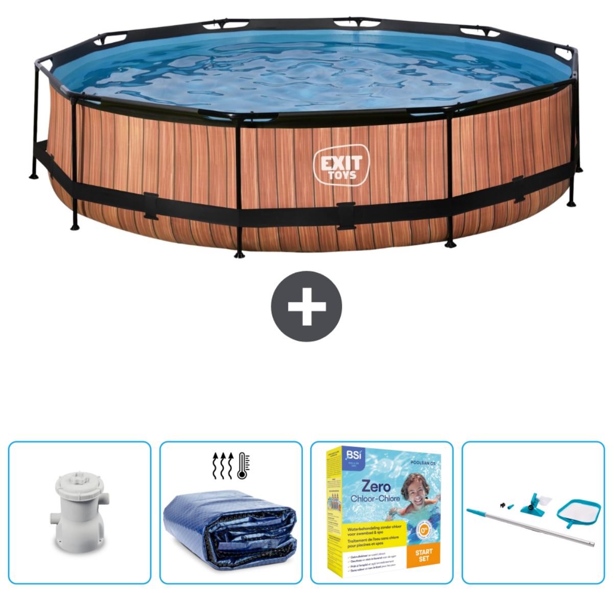 Piscine aspect bois avec accessoires. Comprend pompe, couverture, produits chimiques et brosse.