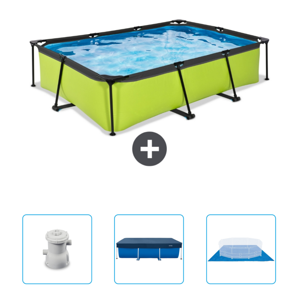 Rectangular pool with green sides and black frame. Below, pool components including a cover.