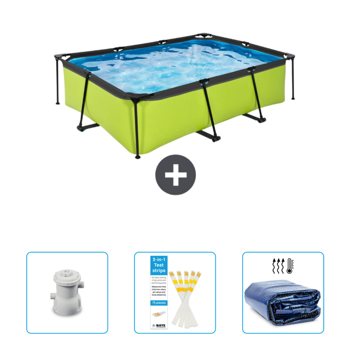 Piscine rectangulaire verte avec filtre, bandelettes de test et couverture.