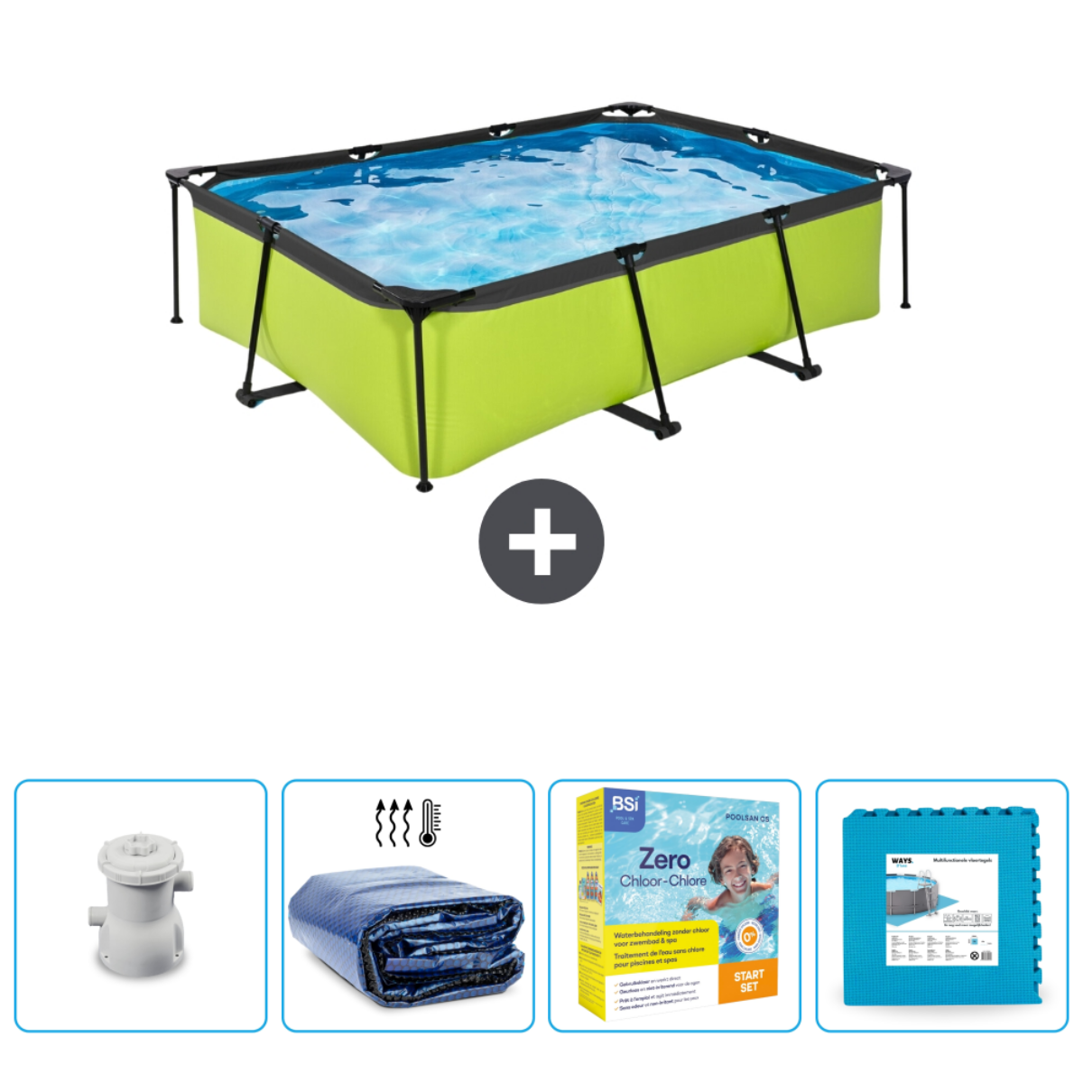 Grüner Pool mit Zubehör: Pumpe, Abdeckung, Chemikalien und Matte. Pool ist voll Wasser.