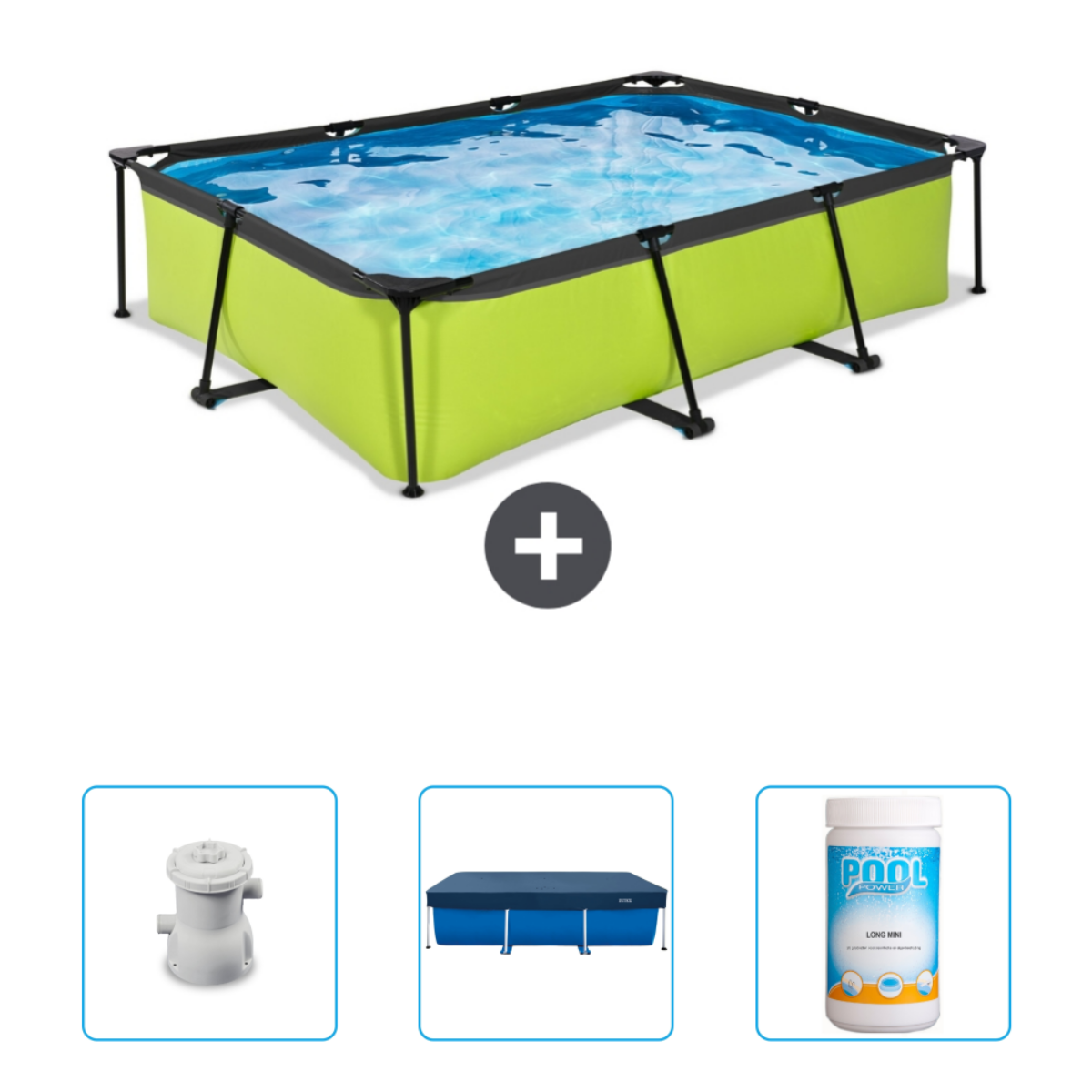 Piscine rectangulaire verte avec eau, filtre, bâche et produits en dessous.