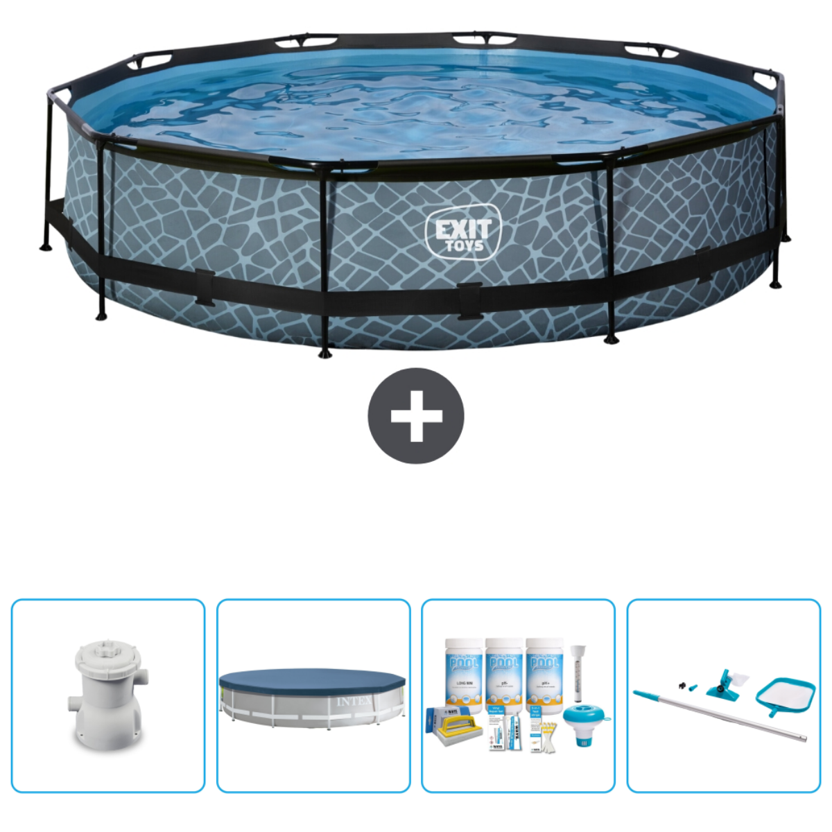Rond zwembad met accessoires. Inclusief filter, afdekzeil en schoonmaakgereedschap.