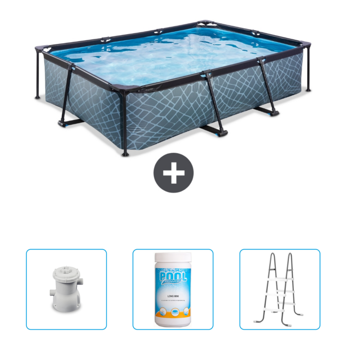 Rechthoekig grijs Intex zwembad met accessoires. Inclusief filter, chemicaliën en ladder.