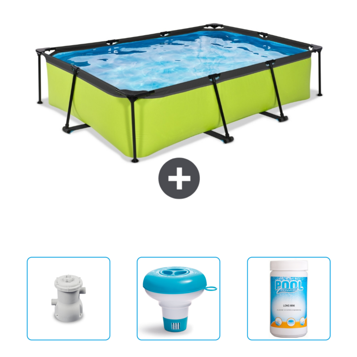 Piscine rectangulaire verte avec accessoires. Comprend un filtre, un flotteur de chlore et une bâche.