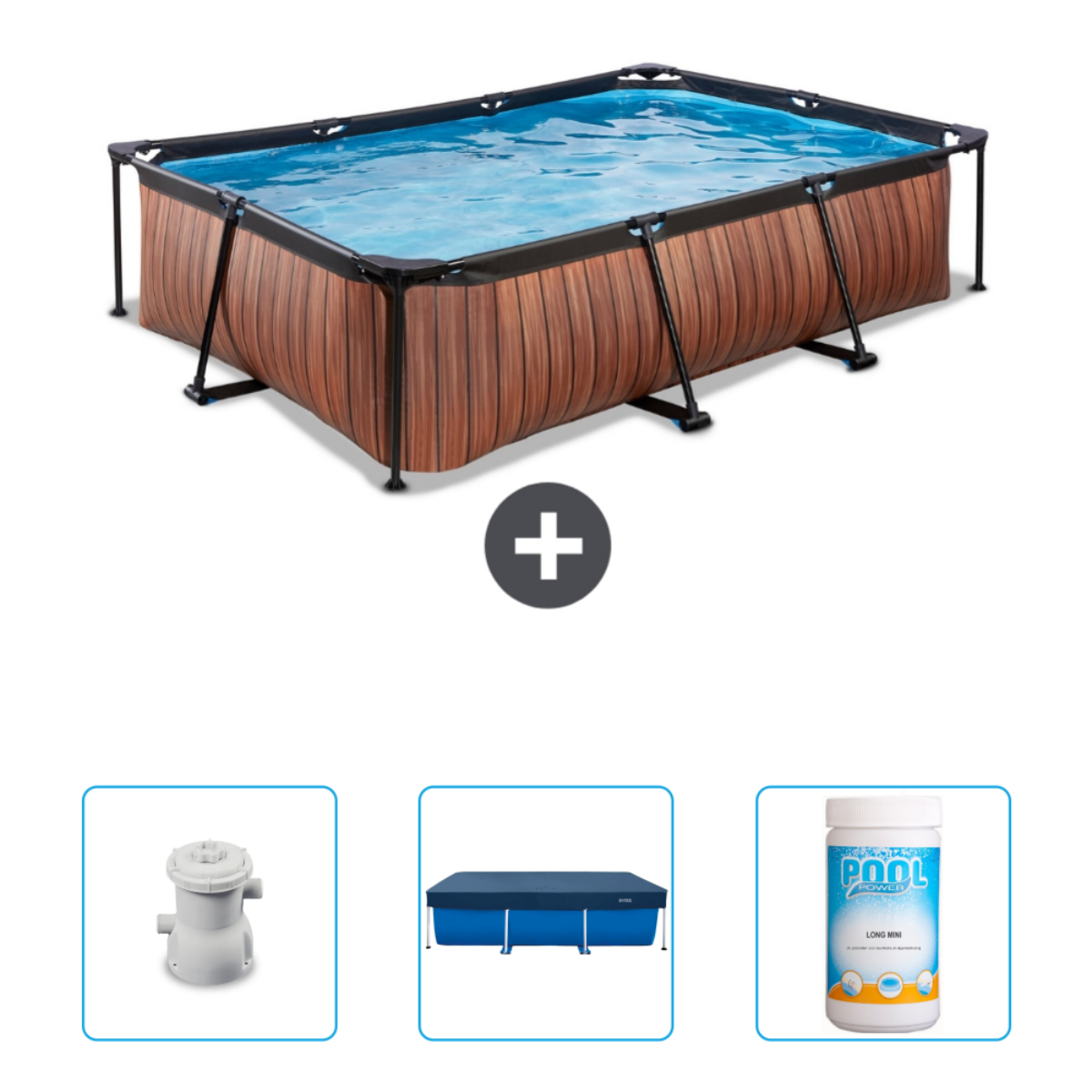 Piscine rectangulaire de style bois avec accessoires. Comprend un filtre, une couverture et des produits chimiques.