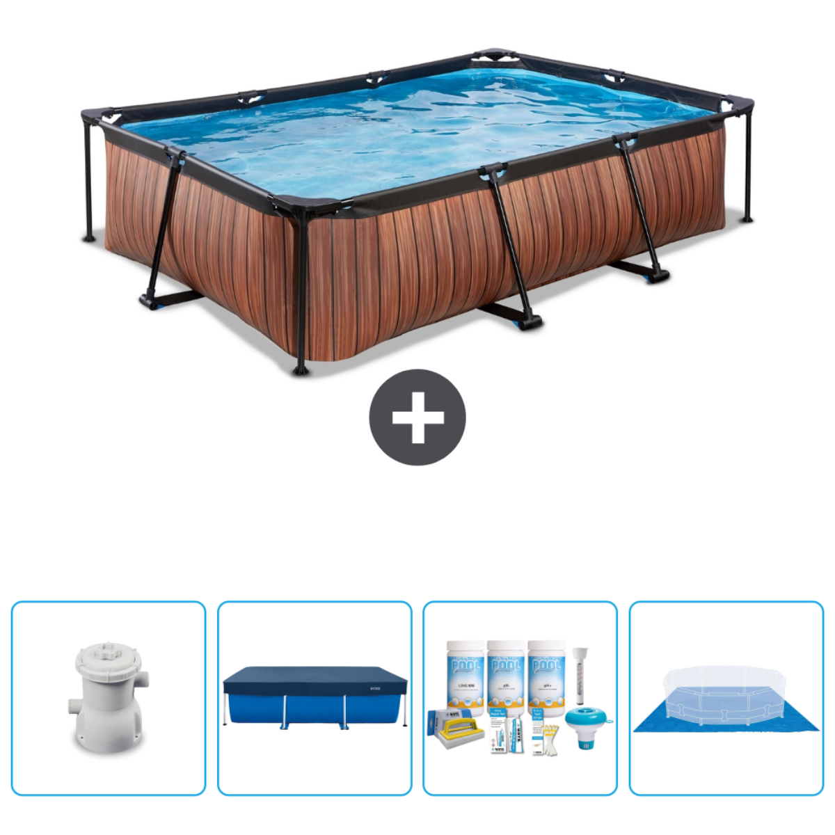 Wooden-look rectangular pool with accessories: pump, cover, chemicals, and a blue mat.