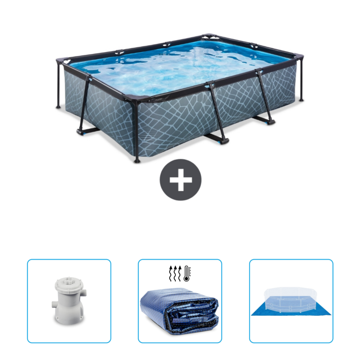 Rechthoekig zwembad met accessoires: pomp, afdekking en een blauwe mat.