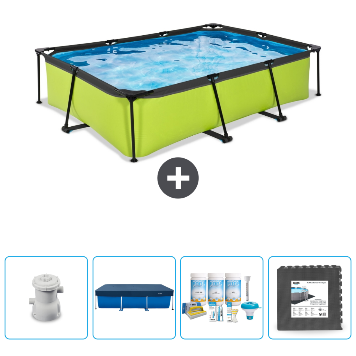 Piscine rectangulaire verte avec accessoires.