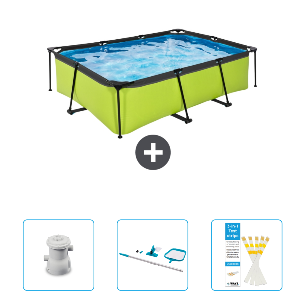 Piscine rectangulaire verte avec pompe, kit de nettoyage et bandelettes. Plus au milieu.