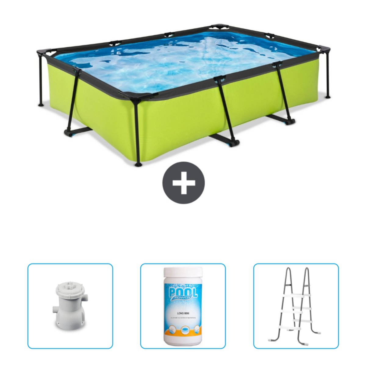 Piscine rectangulaire avec accessoires. Côtés verts, cadre noir, eau bleue. Pompe, produits chimiques et échelle inclus.