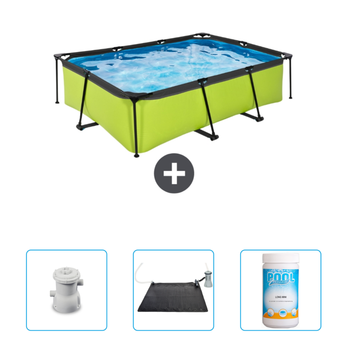 Zeshoekig EXIT TOYS zwembad met accessoires. Inclusief: filter, afdekking, chemicaliën en zonneboiler.