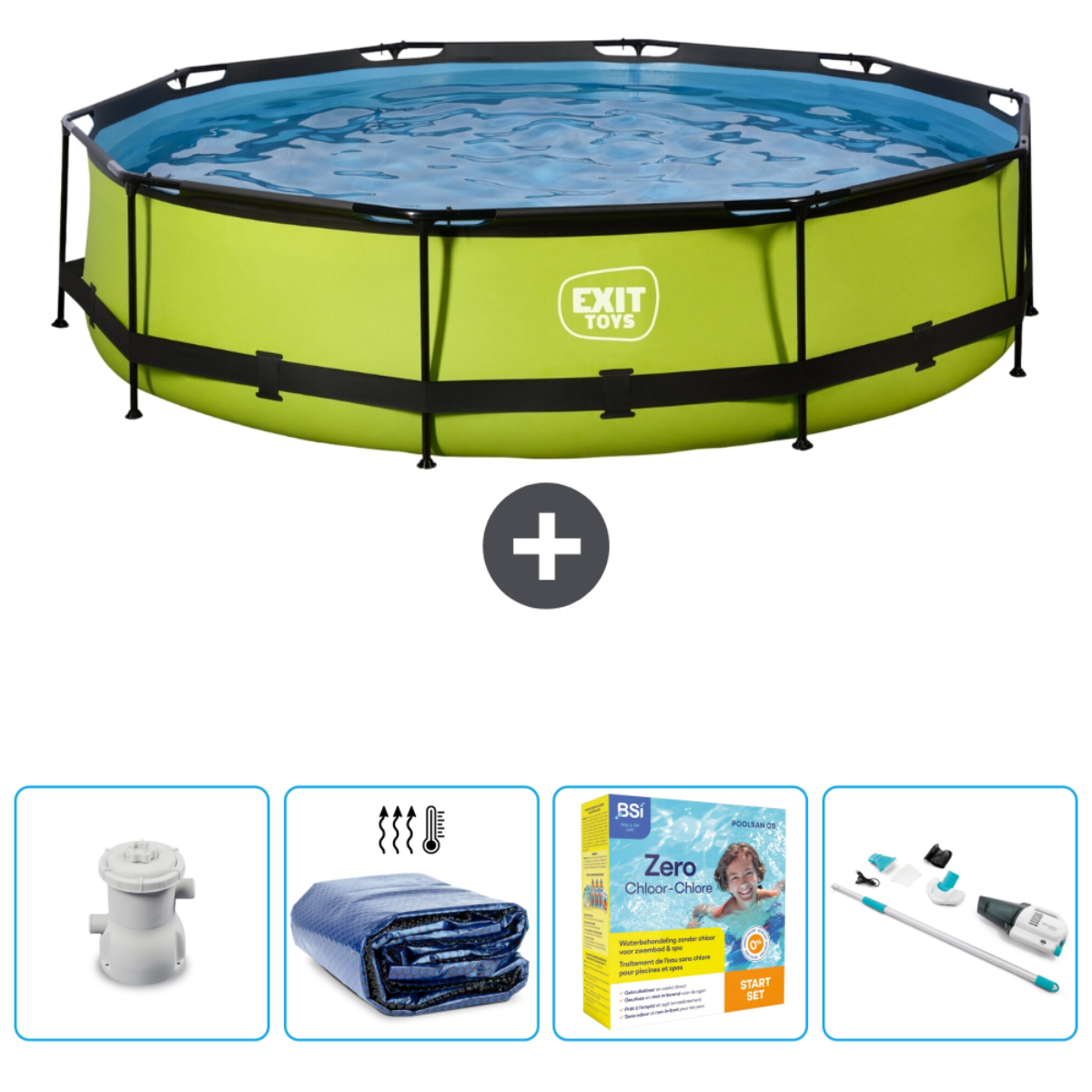 Groen zwembad met accessoires: filter, afdekking, reinigingsset en chemicaliën tegen een witte achtergrond.