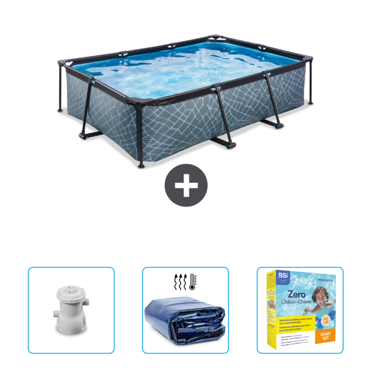 Rechthoekig zwembad met grijs patroon, accessoires: filter, afdekking en een zwembad startset.