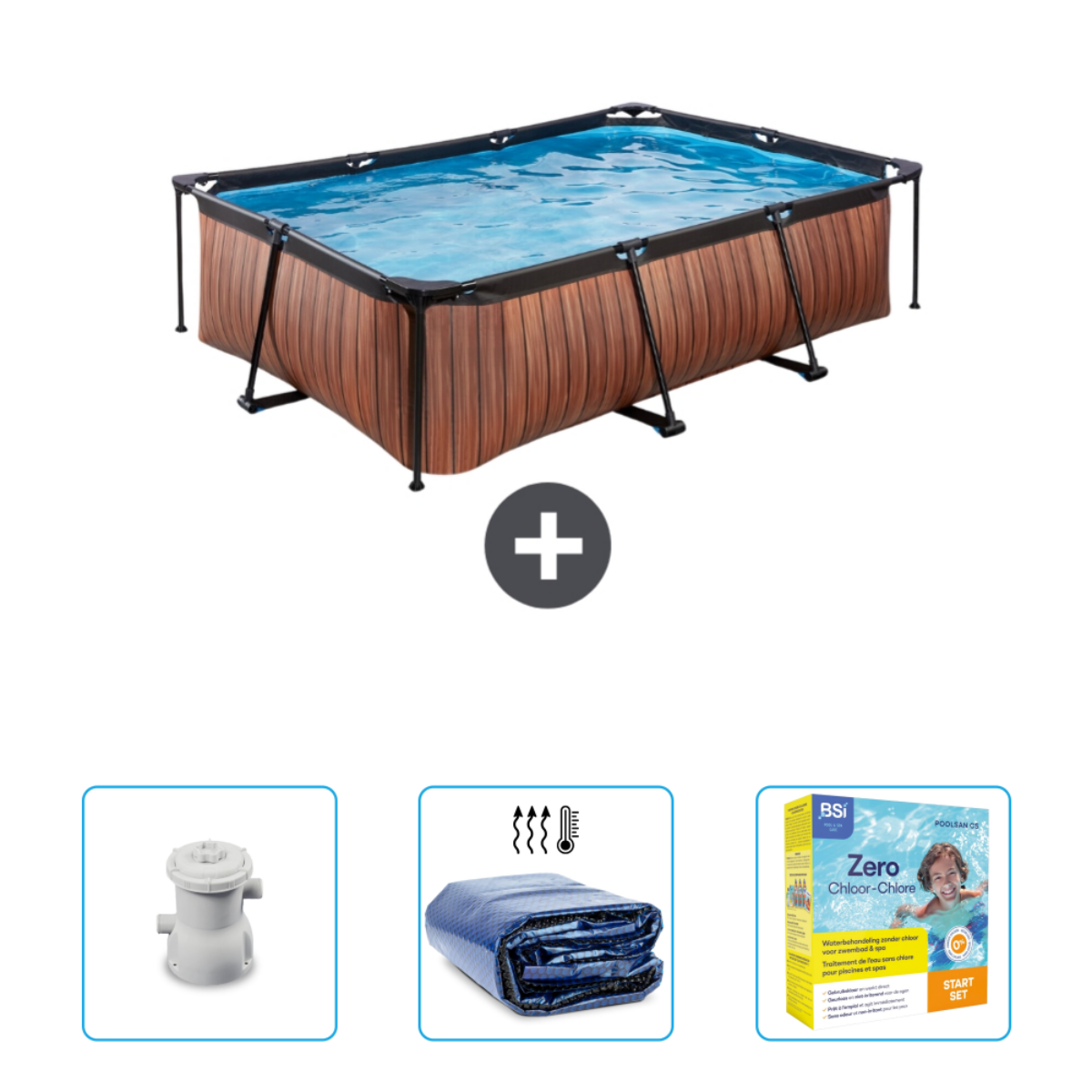 Zwembad met accessoires. Houten zwembad met accessoires.