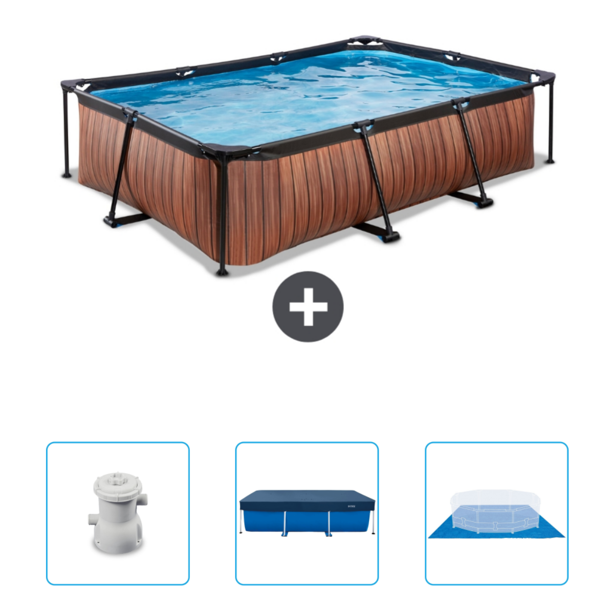 Rectangular pool with wooden design, accessories. Accessories include a filter pump, cover, and ground sheet.