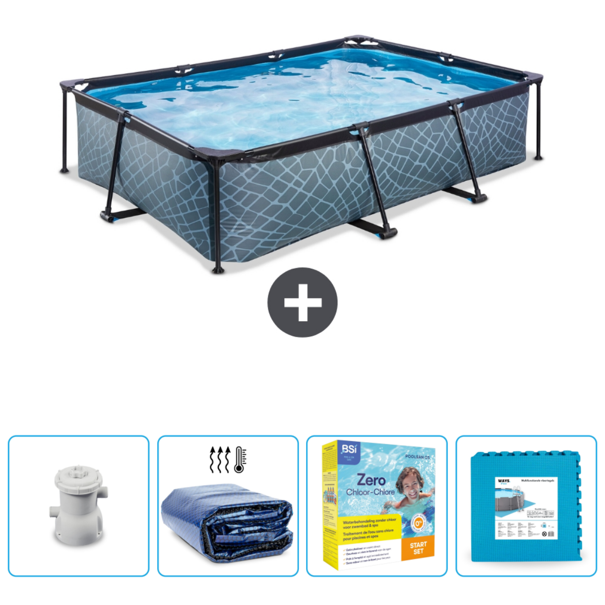 Piscine rectangulaire grise à motifs avec eau, accessoires en dessous.