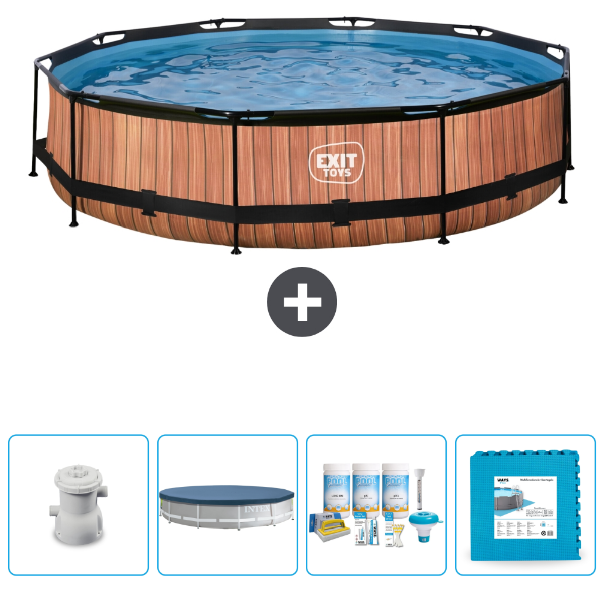Piscine aspect bois avec accessoires : pompe, couverture, produits chimiques et tapis de sol.