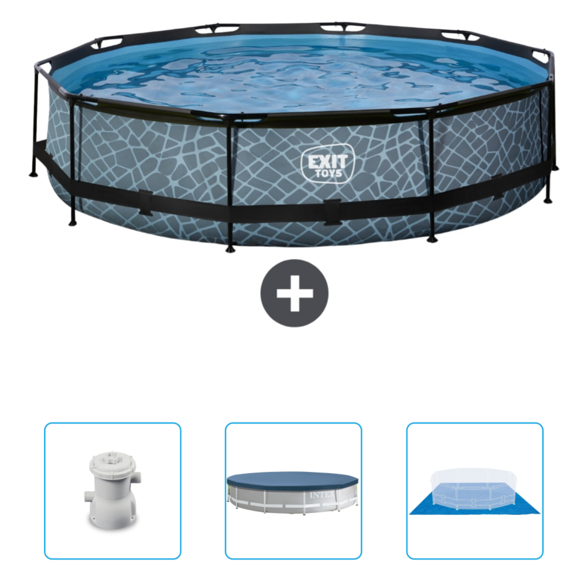 Pool mit grauem Muster. Zubehör: Pumpe, Abdeckung und Netz. Der Pool ist voll Wasser.
